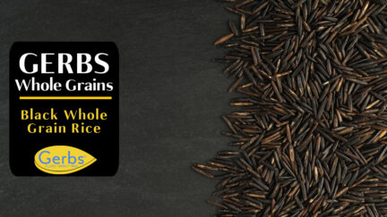 Introducing Gerbs Canadian Black Long Grain Rice on backdrop.