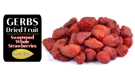 Pile of Gerbs Sweetened Dried Strawberries, packaged in Rhode Isalnd on dedicated equipment.