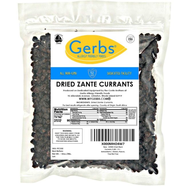 Dried Black Zante Variety Premium Currants, No Added Sugar, Resealable Bag. Sold in resealable Bag.