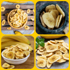 Collection of Gerbs unsweetened banana chip colllage images.