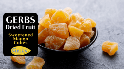 Introducing Gerbs Dried Mango Cubes in a nice bowl.