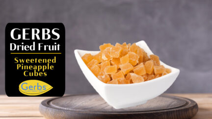 Introducing bowl of Gerbs dried pineapple cubes.