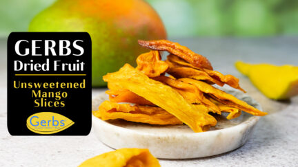 Introducing Gerbs unsweetened no sugar added dried mango in a nice white bowl.
