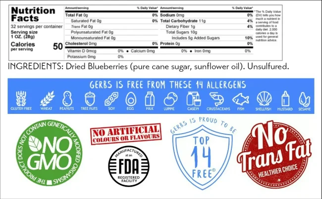 Dried Premium USA Grade Cape Cod Blueberries, Sweetened, Resealable Bag Gluten Free