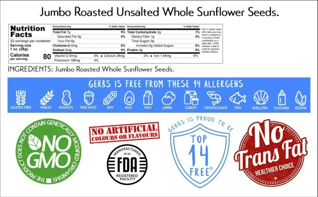 Jumbo Unsalted Roasted Premium USA Grade Sunflower Seeds, In Shell, Resealable Bag by Gerbs