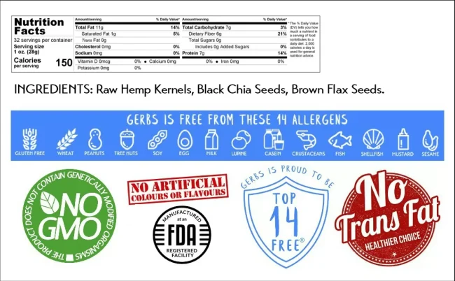 TRIPLE THREE SEED RAW MIX, Chia Flax, Hemp Seeds, Resealable Bag