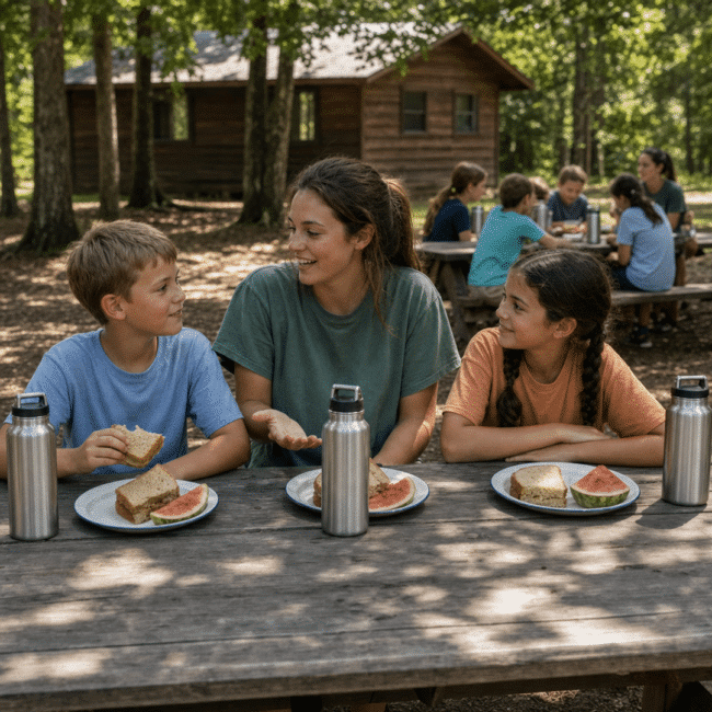 A camp counselor talking with two campers over sandwiches and watermelon at a shaded picnic table, more campers eating at the tables behind them