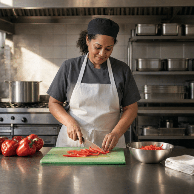 A cook in a white apron slicing red peppers on a cutting board at a stainless steel prep table