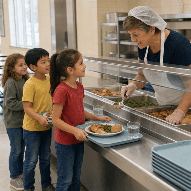 Three children holding lunch trays in a school cafeteria line, smiling at a lunch server who serves them across the counter