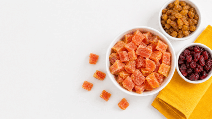 Bowls of Gerbs allergen-free dried fruit with sweetened papaya cubes