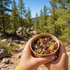 Hands holding a cup of trail mix with seeds and dried fruit on a forest trail