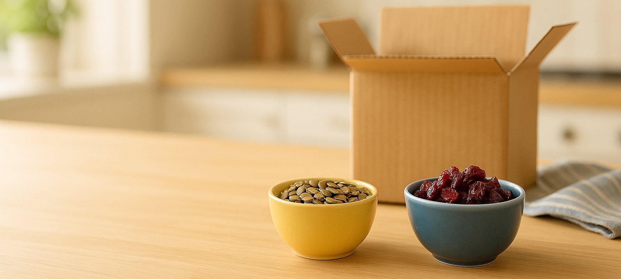 An opened delivery box with bowls of pumpkin seeds, sunflower seeds, and dried cranberries on a kitchen counter