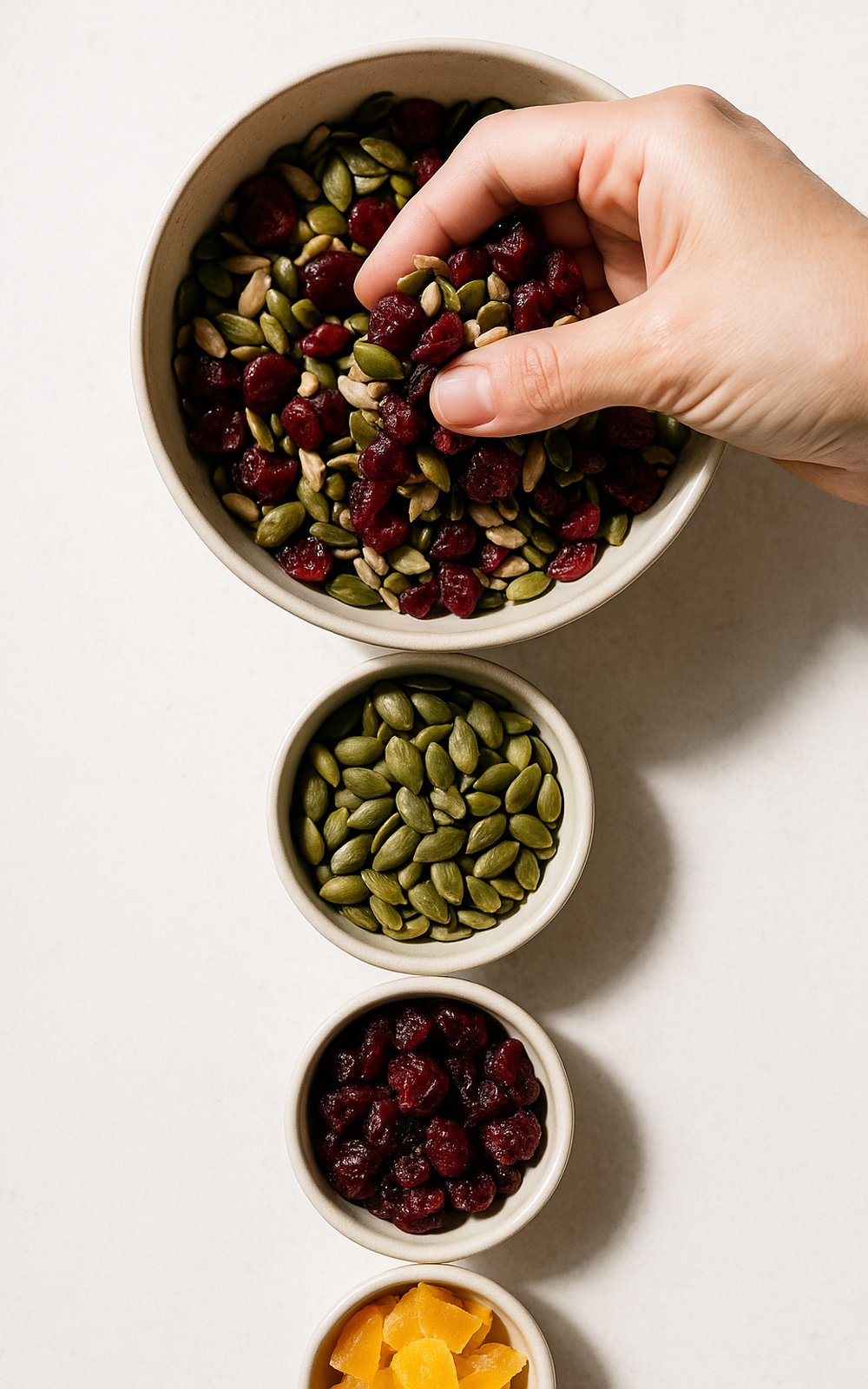A hand-mixed bowl of seeds and dried fruit with single-ingredient bowls around it