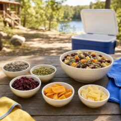 In-shell seeds and dried fruit in bowls beside a cooler at a lakeside picnic table
