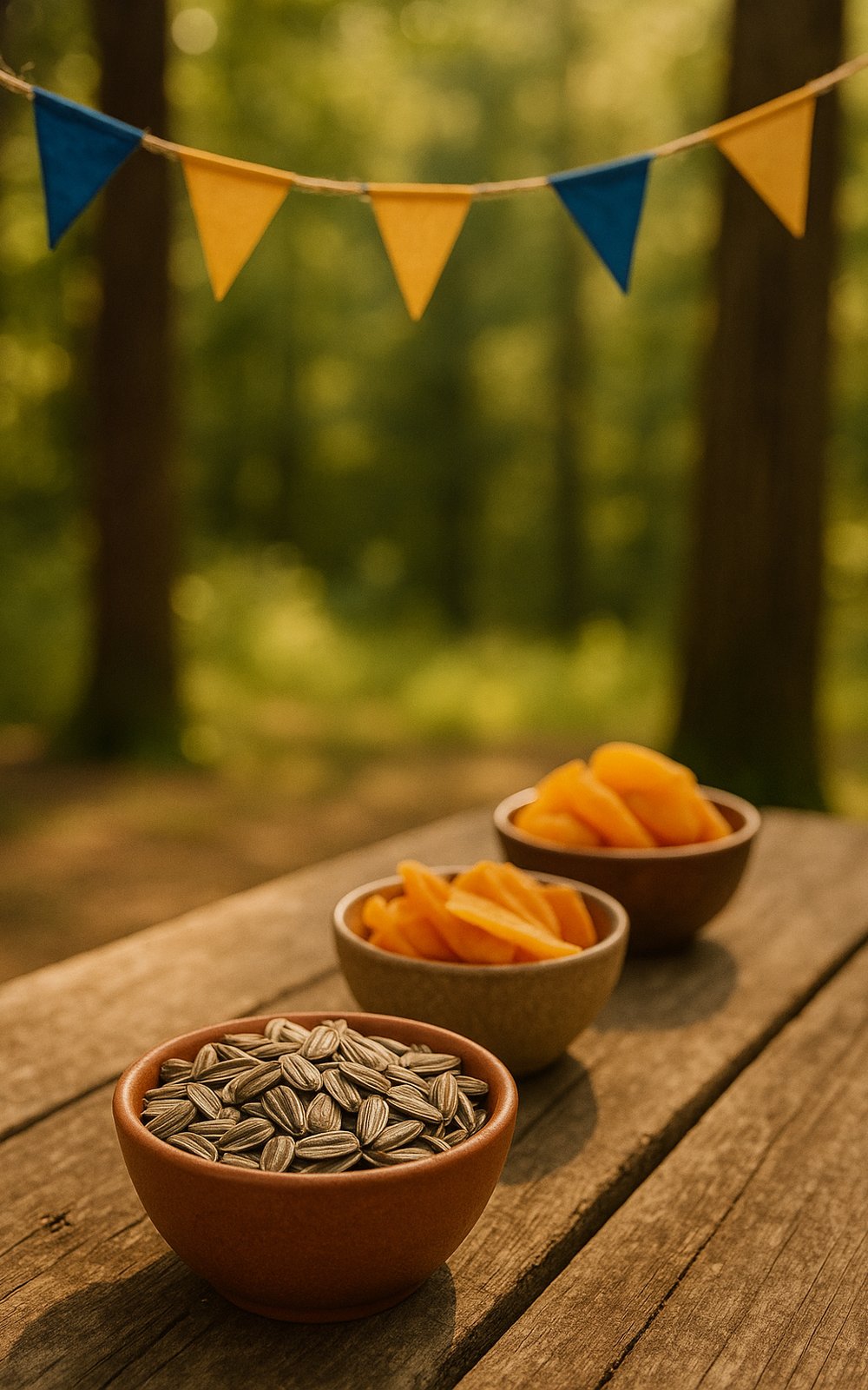 In-shell seeds and dried fruit in bowls beside a cooler at a lakeside picnic table