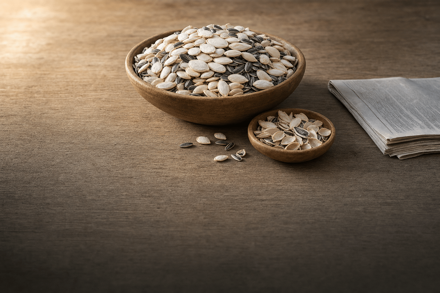 A wide wooden bowl heaped with in-shell pumpkin and sunflower seeds on a table, with a smaller bowl of empty shells beside it