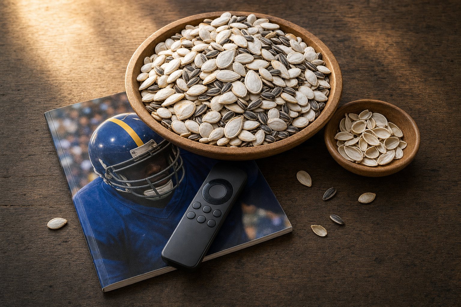 A wide wooden bowl heaped with in-shell pumpkin and sunflower seeds on a dark wood table, a smaller bowl of empty shells beside it, with a football magazine and a streaming remote