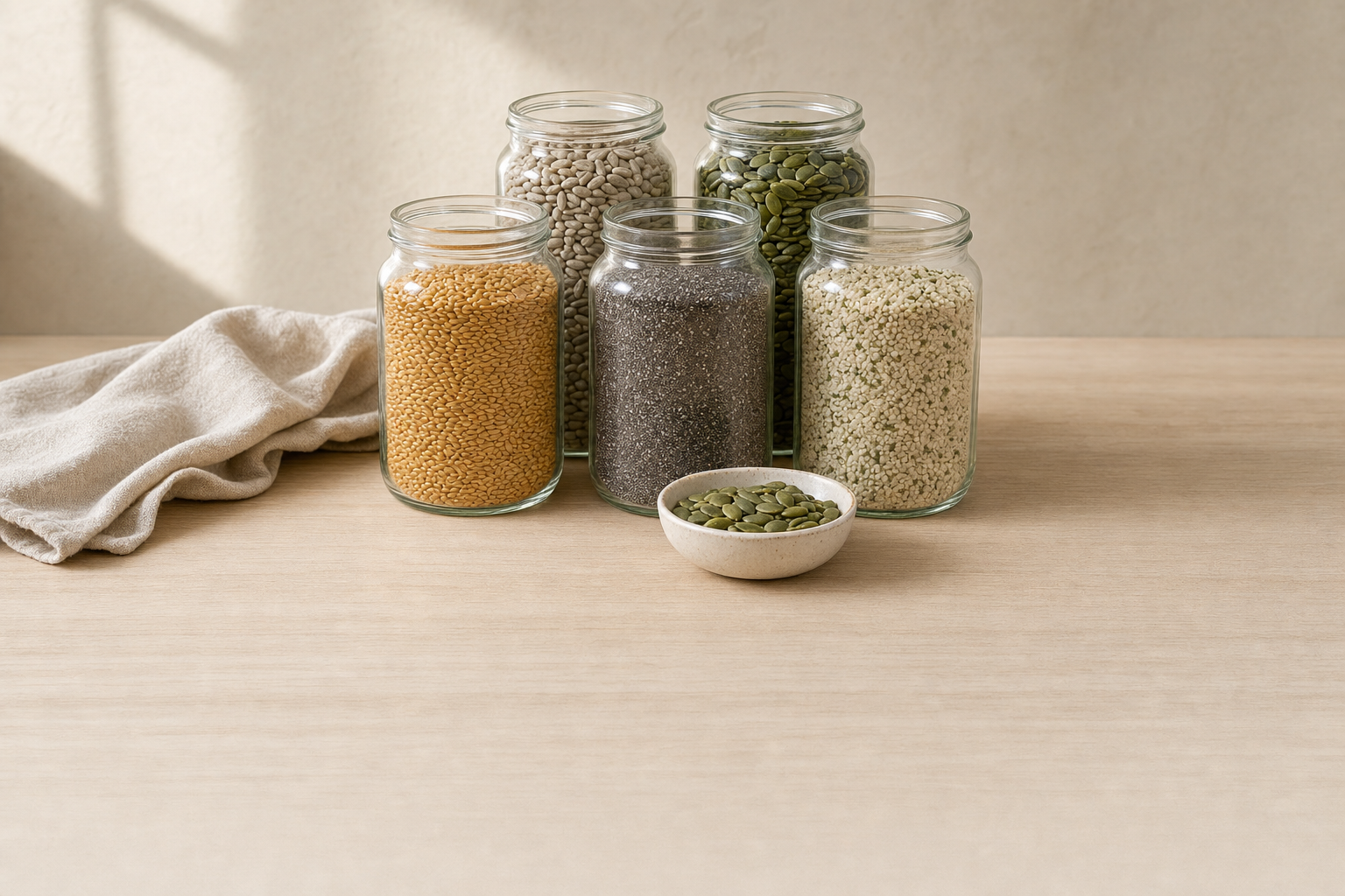 Glass pantry jars of golden flax, black chia, hemp hearts, sunflower kernels and pumpkin pepitas on a wooden counter