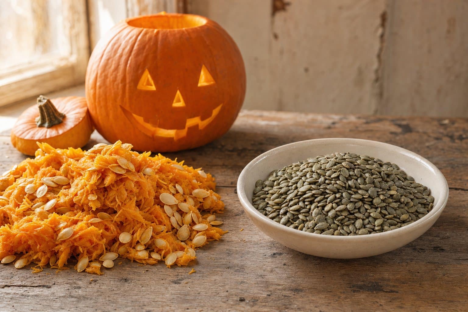 A carved jack-o'-lantern and a pile of raw pumpkin pulp and seeds on a farmhouse table, beside a bowl of roasted pepitas ready to eat