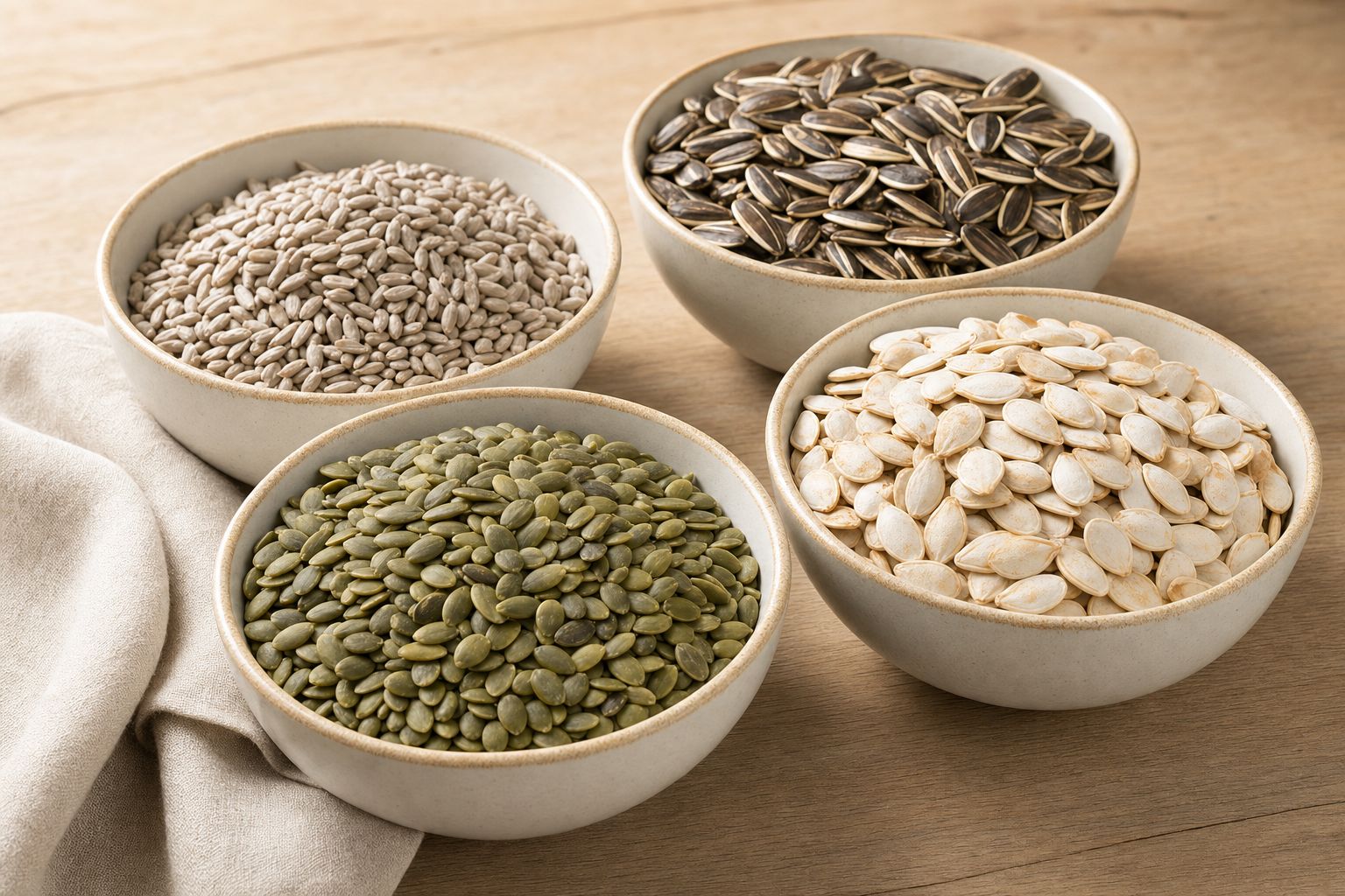 Four ceramic bowls on a light wood table holding hulled sunflower seeds, in-shell sunflower seeds, green pepitas, and in-shell pumpkin seeds, beside a linen napkin