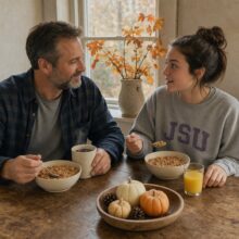 A father and his college-age daughter eating bowls of Cinnamon Apple Harvest Granola at a farmhouse breakfast table