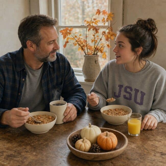 A father and his college-age daughter eating bowls of Cinnamon Apple Harvest Granola at a farmhouse breakfast table
