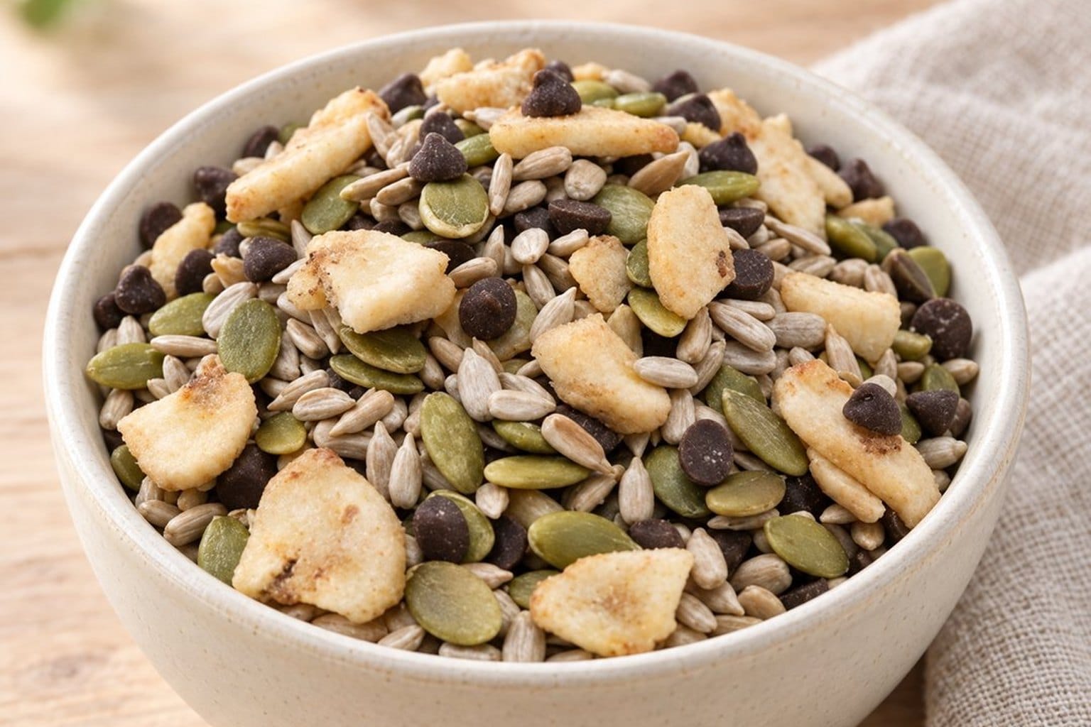 A bowl of Crunchy Monkey Snack Mix, raw sunflower and pumpkin kernels, mini dark chocolate chips and banana chips