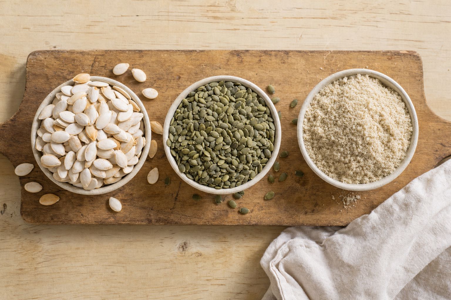 Three bowls on a wooden board holding in-shell pumpkin seeds, green pepitas and ground pumpkin seed meal
