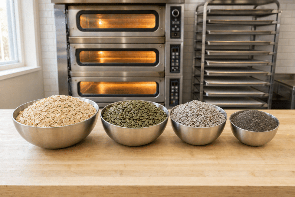 Bowls of Gerbs gluten-free rolled oats, raw pepitas, raw sunflower kernels and black chia seeds on a maple bakery bench in front of a deck oven