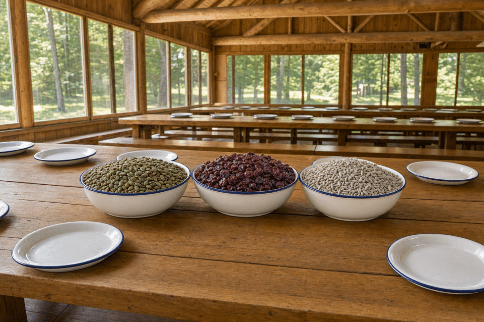 Bowls of Gerbs roasted lightly salted pepitas, dried cranberries and lightly salted sunflower kernels on a long wooden table in a summer camp dining hall