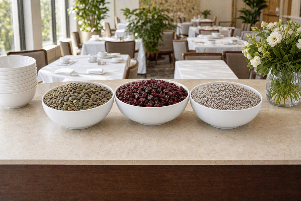 Bowls of Gerbs roasted lightly salted pepitas, dried cranberries and lightly salted sunflower kernels on a hotel breakfast buffet before service