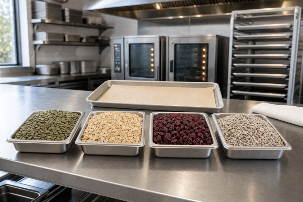 Pans of Gerbs raw pepitas, gluten-free rolled oats, dried cranberries and raw sunflower kernels on a stainless steel prep table in a commercial kitchen