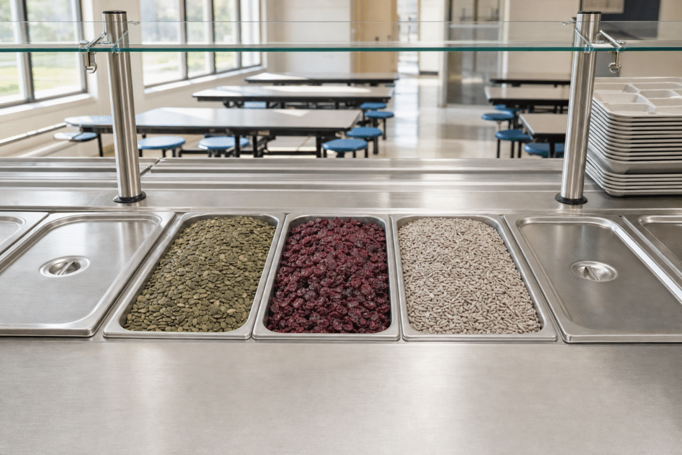 Pans of Gerbs raw pepitas, dried cranberries and lightly salted sunflower kernels on a school cafeteria serving line before lunch